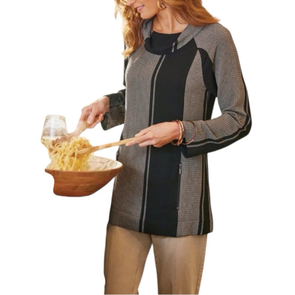 NWT Soft Surroundings Women’s Huxley Cowl Neck Neutral Striped Tunic Top sz L